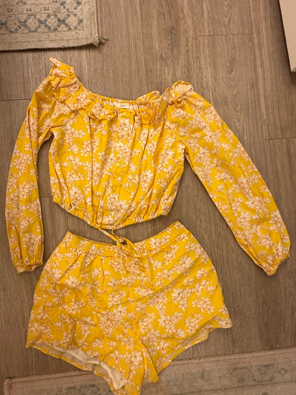 Honey Punch Yellow Floral Off-Shoulder Long Sleeve Crop Top